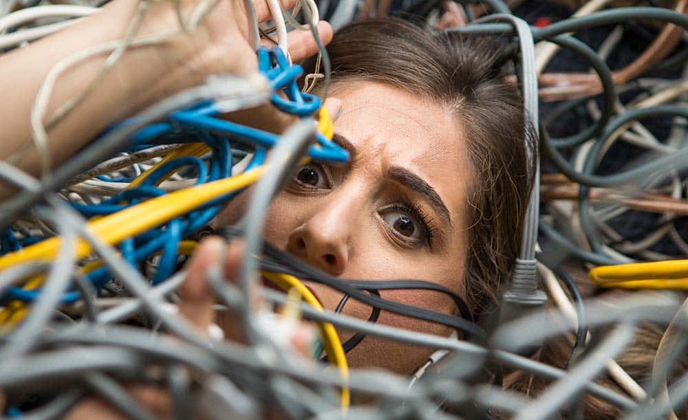 Melissa tangled in cords