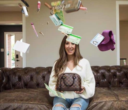 How to Clean A Leather Purse or Bag Melissa holding a leather purse with objects flying in the air